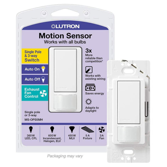 Lutron MS-OPS5M-WH Maestro Sensor Switch, 5-Amp, No Neutral Required – Single-Pole or Multi-Location, White