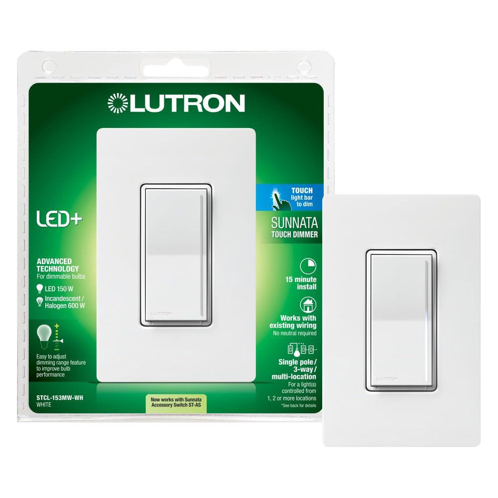 Lutron STCL-153MW-WH Sunnata Touch Dimmer with LED+ Technology – Superior Dimming for LEDs, Incandescent, and Halogen Bulbs in White Finish