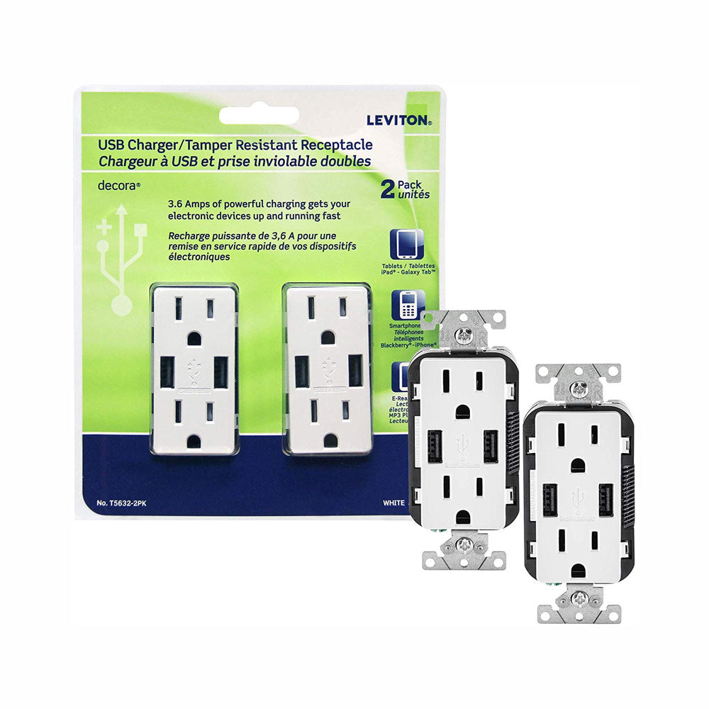 Leviton T5632-2Pk USB Charger/Tamper-Resistant Duplex Receptacle, 15-Amp, White – 2-Pack (Wall Plates Excluded)