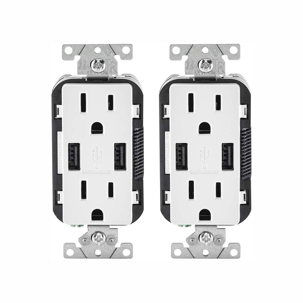 Leviton T5632-2Pk USB Charger/Tamper-Resistant Duplex Receptacle, 15-Amp, White – 2-Pack (Wall Plates Excluded)