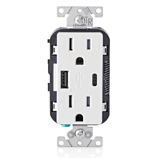Leviton T5633-W 15-Amp USB Charger with Type-A and Type-C Ports, Tamper-Resistant Outlet, White – 1 Piece