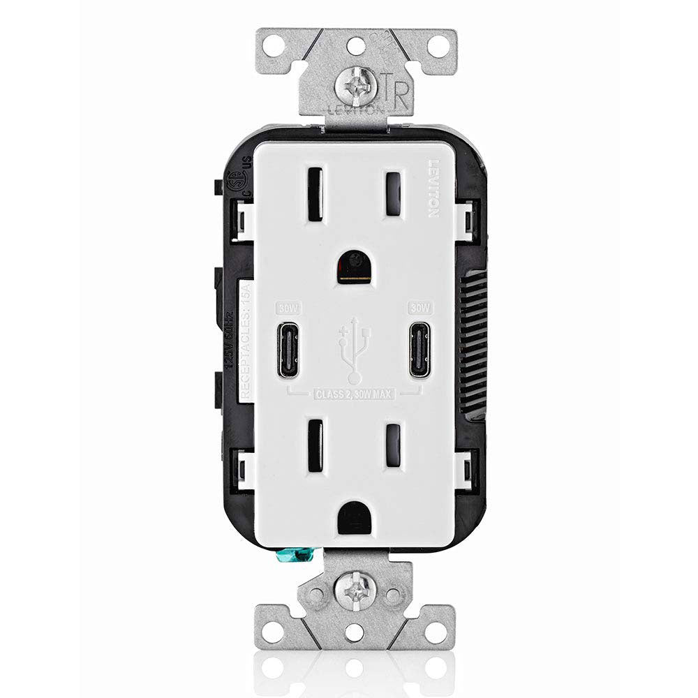 Leviton T5635-W 30W USB-C Power Delivery In-Wall Charger with 15A Tamper-Resistant Outlet, White