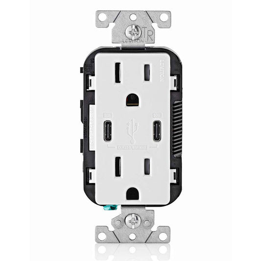 Leviton T5635-W 30W USB-C Power Delivery In-Wall Charger with 15A Tamper-Resistant Outlet, White